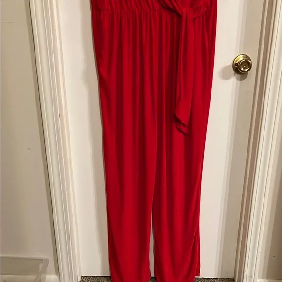 Vibrant Red Wrap Jumpsuit with Flowing Silhouette - Picture 2 of 9